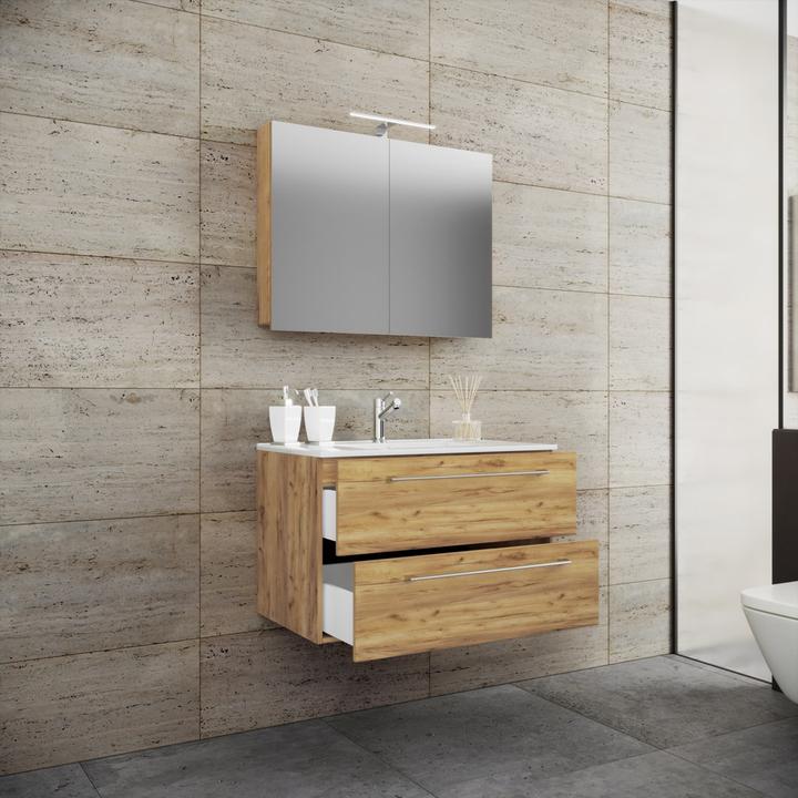 Actual product image VCM 3-piece wash place washbasin Badinos 2 drawers mirror cabinet