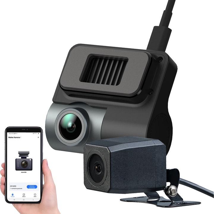 Produktbild NavGear Kompakte 4K-Dashcam mit Full-HD-Heckkamera, G-Sensor, Parkwächter, App (Beschleunigungssensor, Eingebautes Display, Eingebautes Mikrofon, GPS-Empfänger, 4K)