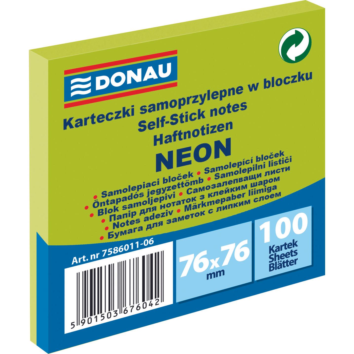 Donau, Haftnotiz, Selbstklebeblock, 76x76mm, 1x100 blatt, neon, grün