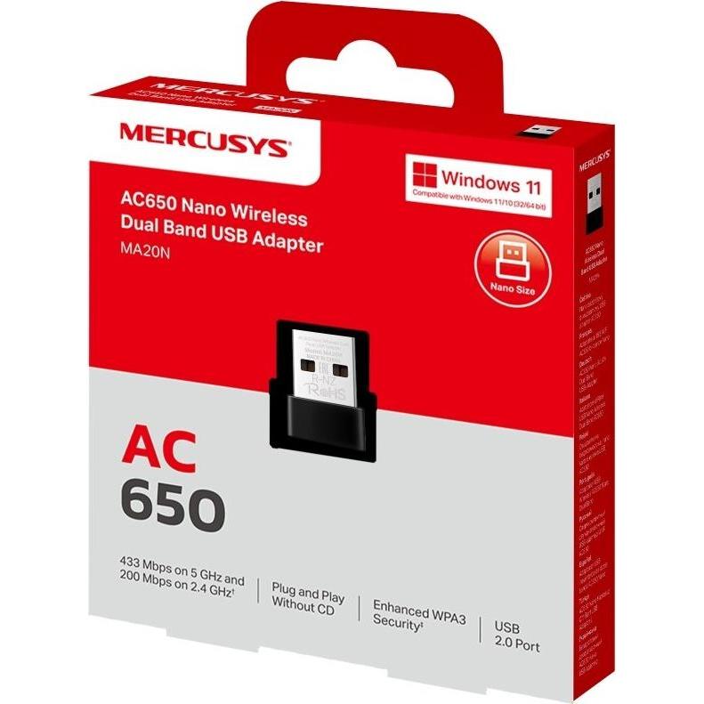 Thumbnail - TP-Link Mercusys MA20N WiFi USB Netzwerkkarte, AC650 Nano Karte, Dual Band, USB 2.0, WPA3, Plug & Pl (USB), Netzwerkadap...