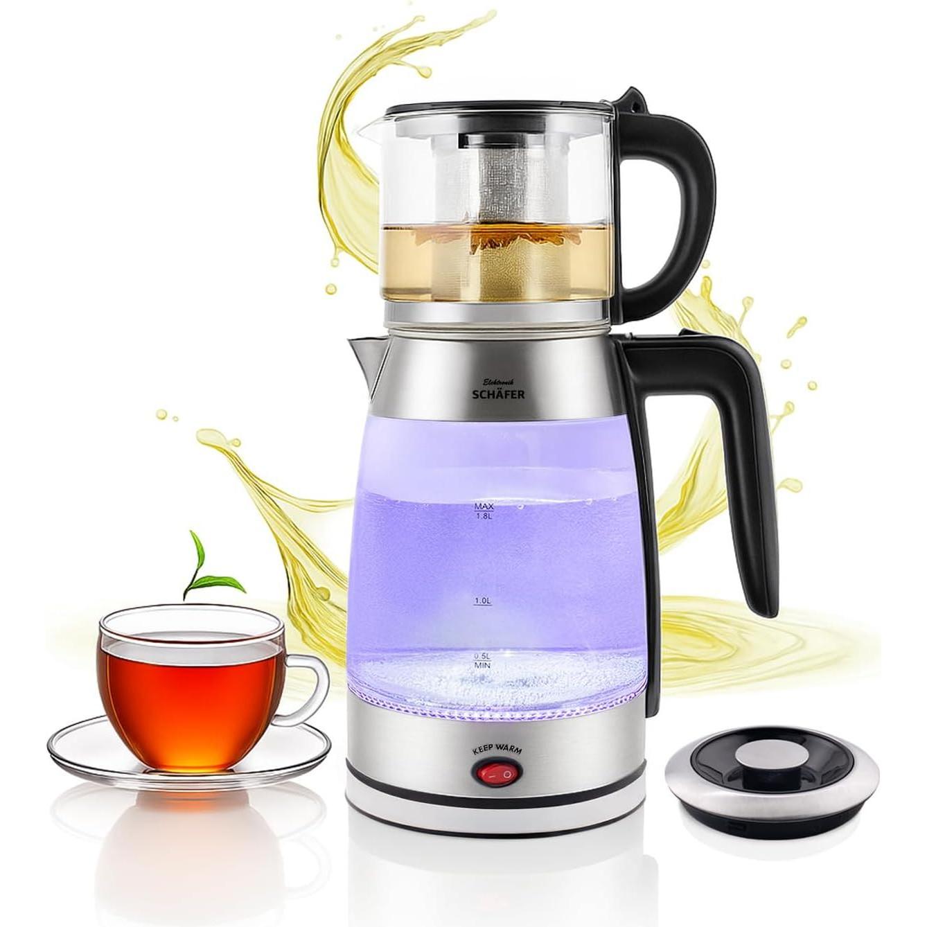 Schöfer - Glazen theemaker 74268 - 1,8/0,8 litri en 2200W - Waterkoker - Produttore d'acqua elettrico -, Bollitore, Argento