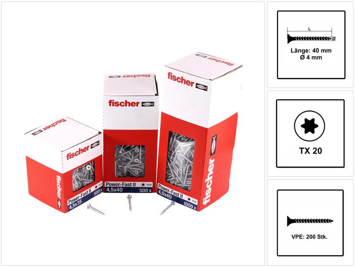 Actual product image Fischer Power-Fast II FPF II chipboard screw 4.0x40 mm 200 pieces ( 670159 ) Countersunk head with Torx Vo (200 Screws per piece)