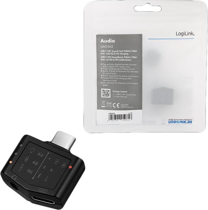 Produktbild LogiLink Audio Adapter m. EQ, 2xUSB-C -> /F,96kHz w/PD (Klinkenadapter)