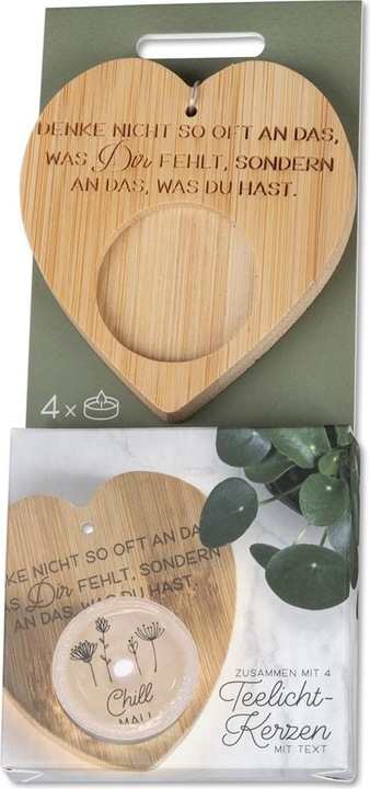 Produktbild Formano Teelichthalter mit Spruch „Denke nicht so oft an das, was Dir fehlt, sondern (Herz Ø, H 8 x 1 cm)