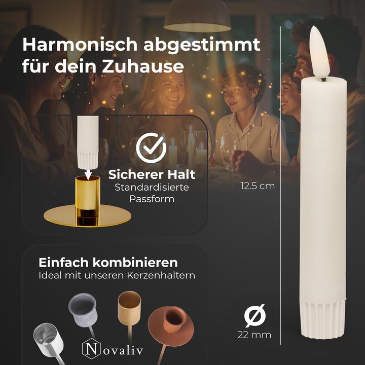 Produktbild Novaliv 4x Stabkerze LED bewegliche Flamme Wachs - Echtwachs Weiss - Indoor - 12,5cm Höhe für 2,2cm (4 x)