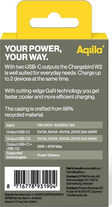Image du produit Aqiila Chargebird W2 - Chargeur mural GaN, 45W PD - Blanc (45 W, 2 ports)
