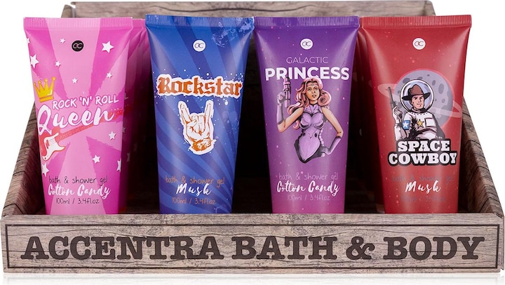 Accentra Gel da bagno e doccia in tubetto, 100ml, 4 disegni/2 fragranze assortite: Regina del Rock'n'Roll + (100 ml)
