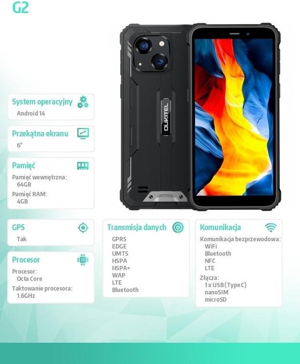 Produktbild Oukitel G2 6' 4/64 DS Smartphone. 6300 mAh (schwarz) ohne Ladegerät (64 GB, Schwarz, 6", Dual SIM, 4G)