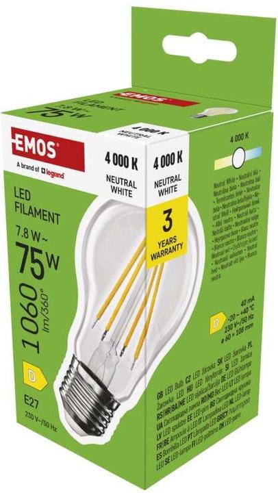 Produktbild Emos LED Lampe Filament A60 / E27 / 7,8 W (75 W) / 1060 lm / Neutral Weiss (E27, 7.80 W, 1060 lm, 1 x, D)