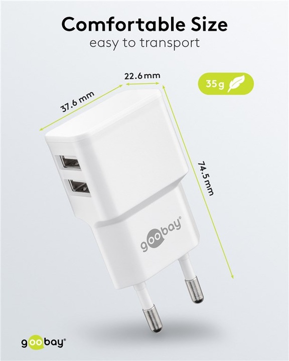 Immagine prodotto Goobay Caricabatterie doppio USB 2,4 A - Alimentatore USB con 2 uscite USB - bianco (12 W)