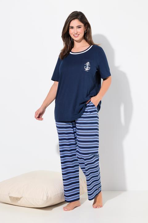 Produktbild Ulla Popken Pyjama, Ringelhose, Rundhals, Halbarm, Taschen (46, 48)