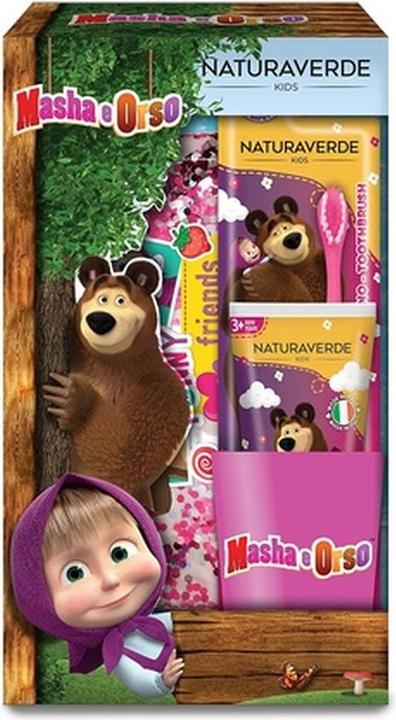 Immagine prodotto Naturaverde Set per l'igiene orale dei bambini Masha e Orso con spazzolino manuale a setole morbide e fragola (Morbido)
