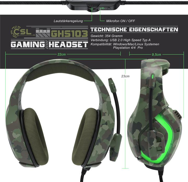 Produktbild CSL Gaming Headset, USB "GHS-103" Camouflage mit Mikrofon, Over-Ear Kopfhörer für PC, PS4 / 4 Pro, PS5 (Kabelgebunden)
