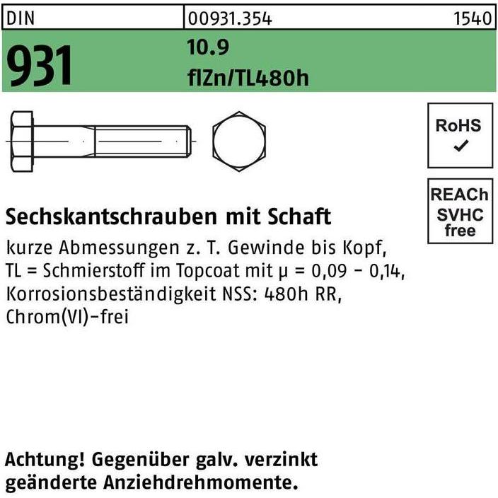 Schrauben, Sechskantschraube DIN 931 m.Schaft M 6 x 35 10.9 zinkbesch Gleitmittel flZnnc 480h-L (200 Schrauben pro Stück...