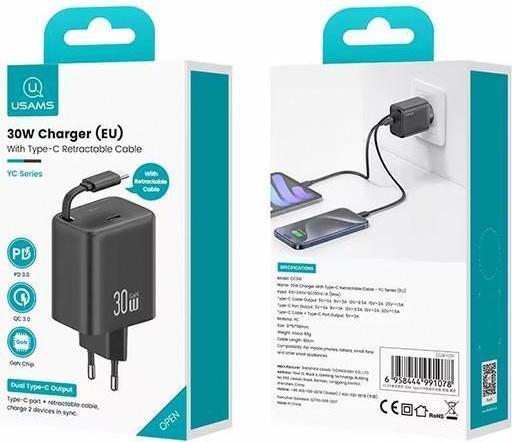 Image du produit Usams Ład. siec. 1xUSB-C ze zwijanym kablem USB-C Retractable PD+QC 30W Gan Fast Charging biały/whit (30 W)