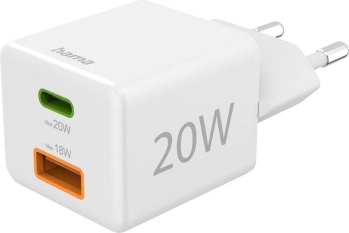 Produktbild Hama Schnellladegerät, 1*USB-C PD, 1*USB-A QC, Mini-Ladegerät, 20W, Weiss (20 W)