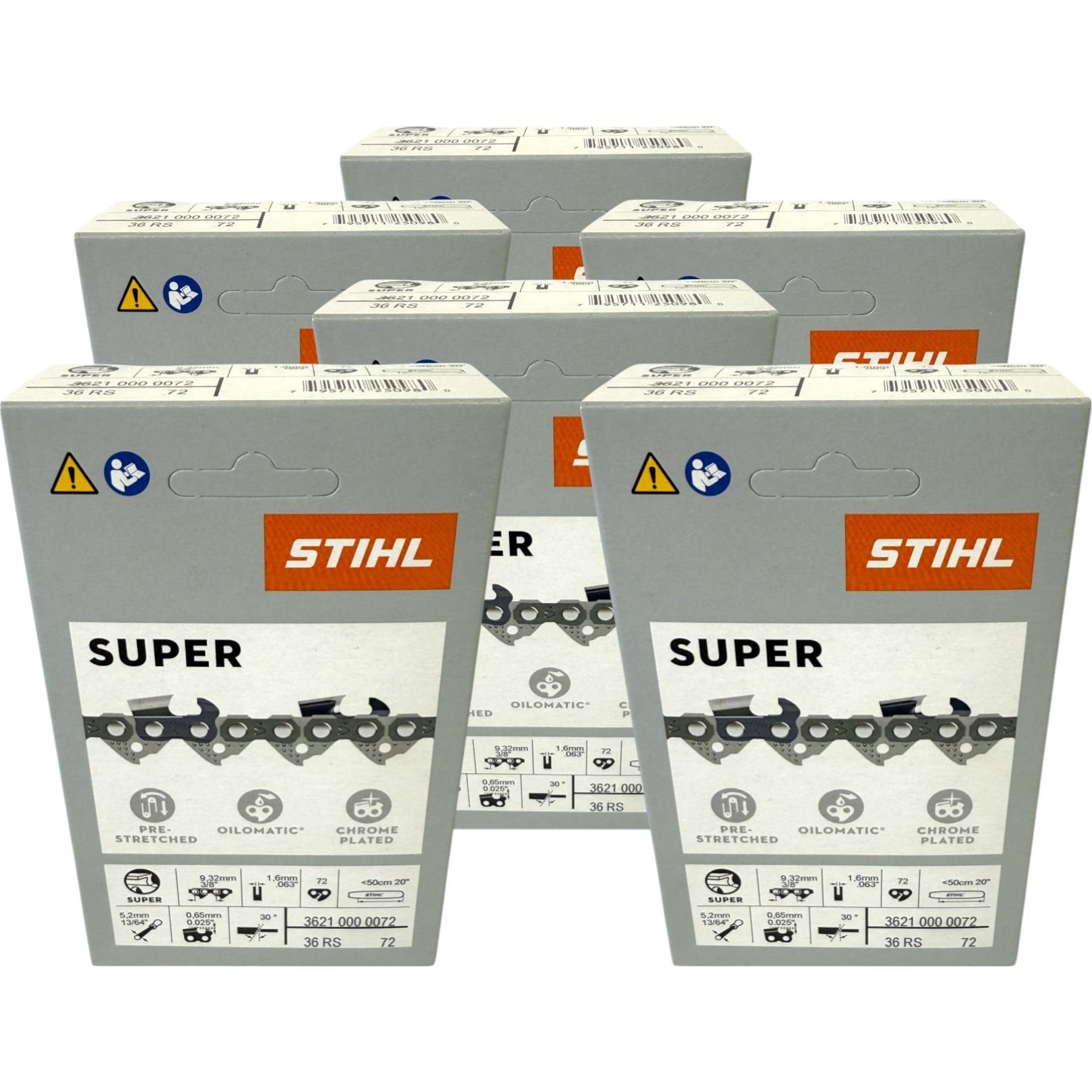 Stihl, Accessori per macchinari da giardino, Catena 6x 3/8" Rapid Super 3 (RS3) 50 cm 3/8" 1,6 mm 72 TG 6 pezzi ( 6x 36260000072 ) (Motosega, Sega a c