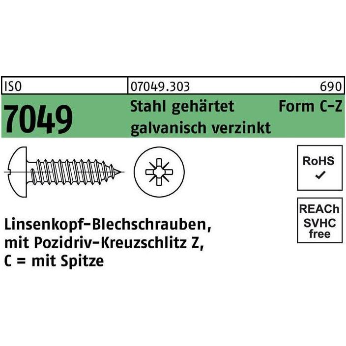 Schrauben, Blechschraube ISO 7049 LIKO m.Spitze/Kreuzschlitz-PZ 4,8x100 -C-Z Stahl gehärtet galvanisch verzinkt (250 Sch...