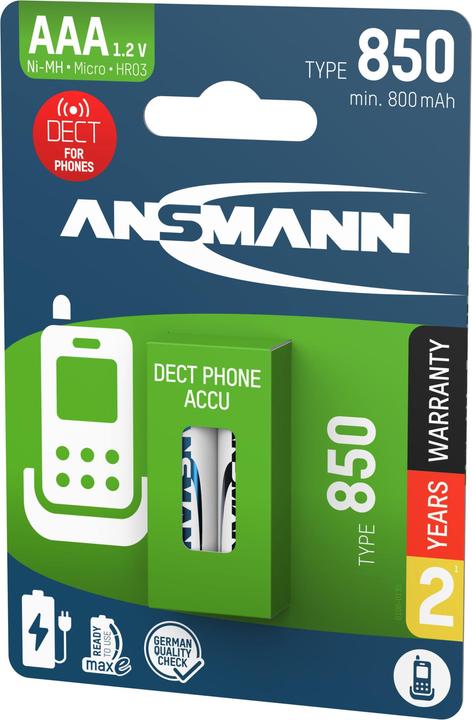 Actual product image Ansmann Dect NiMH battery Micro AAA type 850 (min. 800 mAh) maxE (2 pcs., AAA, 800 mAh)