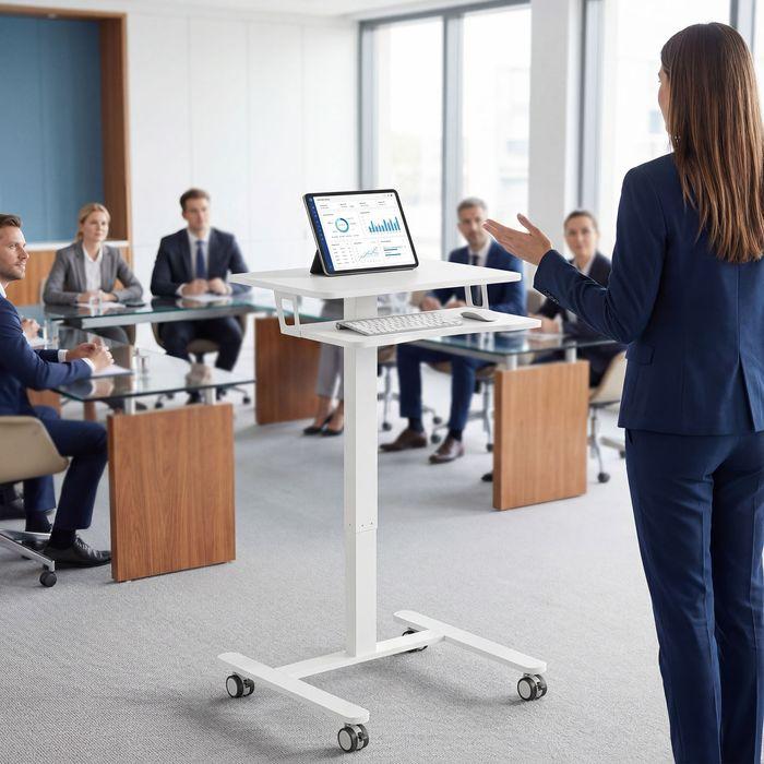 Produktbild Swisshandel24 Höhenverstellbarer Stehschreibtisch, Rollen, Stahlrahmen, Weiss