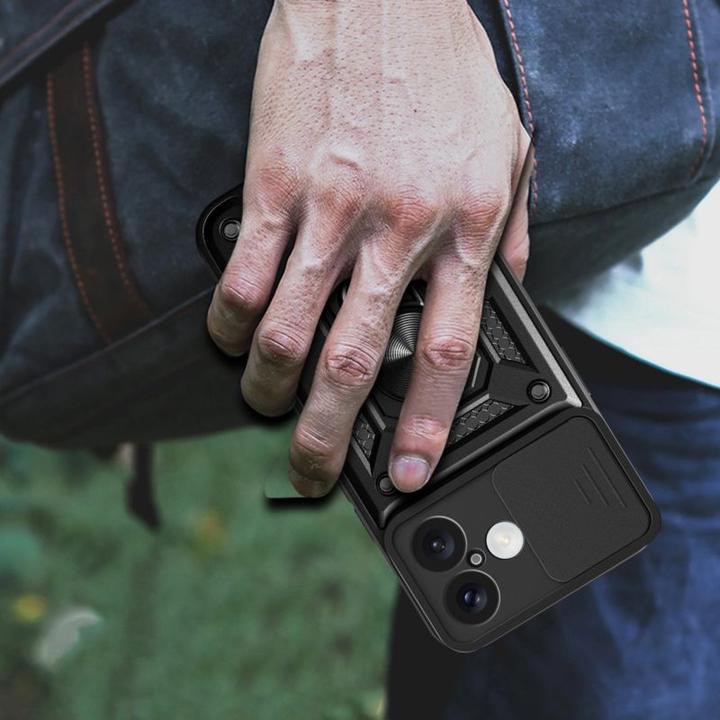 Actual product image Hurtel Hybrid Armor Camshield iPhone 16 Plus Armoured Case with Camera Cover and Stand - Black (Apple iPhone 16 Plus)