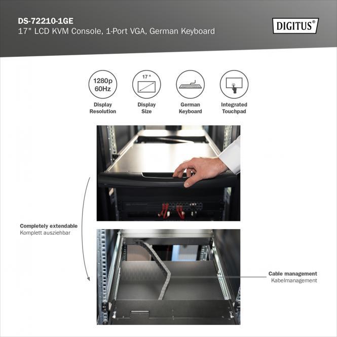 Productafbeelding Digitus Modulaire console met 43,2 cm 17inch TFT 1 poort KVM & touchpad Duits toetsenbord RAL 9005 zwart