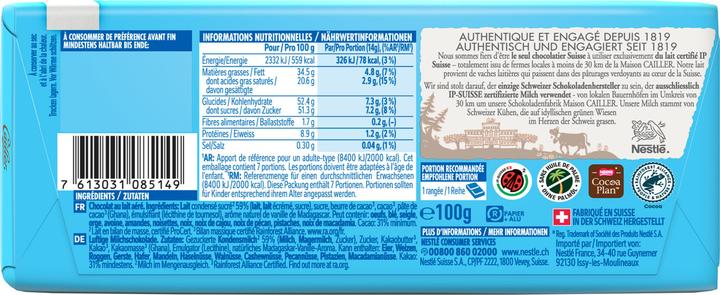 Valeurs nutritives et ingrédients Cailler Air (106 g)