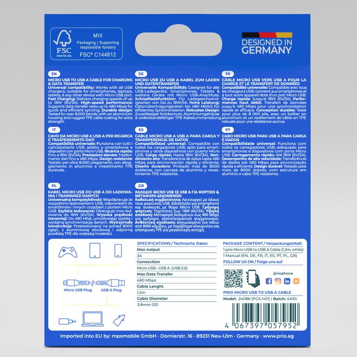 Actual product image prio Lade- & Datenkabel Micro USB auf USB A 1,2m weiss (1.20 m, USB 2.0, 15 W)