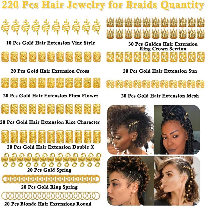 Produktbild Activity Board 220 Stück Goldhaarschmuck für Zöpfe, Loc-Schmuck für Haare Dreadlock Haaranhänger für Frauen