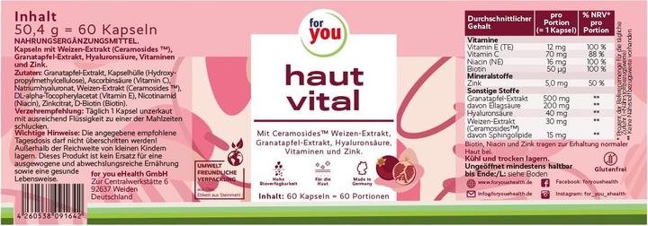 Nutritional values and ingredients For You skin vital (60 Piece, Capsules, 50.40 g)