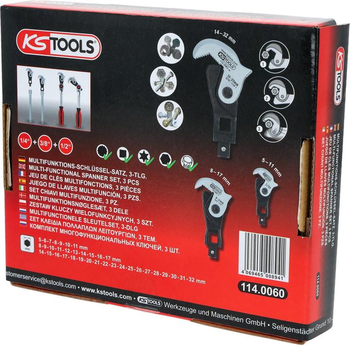 Produktbild KS Tools 1/4″ + 3/8″ + 1/2″ Multifunktions-Schlüssel-Satz, 3-tlg (10  mm, 11 mm, 12 mm, 13 mm, 14 mm, 15 mm, 16 mm, 17 mm, 18 mm, 19 mm, 20 mm, 21 mm, 22 mm, 23 mm, 24 mm, 25 mm, 26 mm, 27 mm, 28 mm, 29 mm, 30 mm, 31 mm, 32 mm, 5 mm, 6 mm, 7 mm, 8 mm, 9 mm)