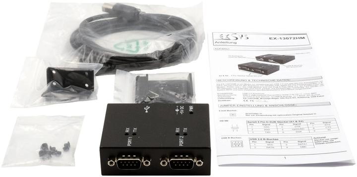 Image du produit Exsys Ports USB 2.0 vers 2S série RS-232, boîtier métallique, avec jeu de puces FTDI