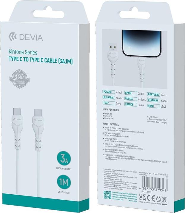 Produktbild Devia Kabel Kintone USB-C - USB-C 1,0 m 3A weiss (1 m, 18 W)
