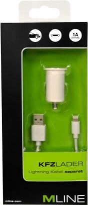 Produktbild M line Mline KFZ-Lader Single USB 1A weiss und LightningDatenkabel HLIGHTNING3004WH