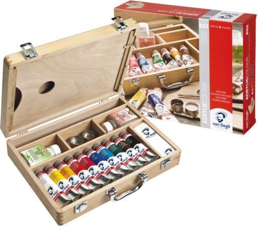 Produktbild Van Gogh Holzkasten Acrylfarben Basic (Blau, Braun, Gelb, Grün, Rosa, Rot, Weiss, Dunkelgelb, Schwarz, Dunkelblau, 175 ml)