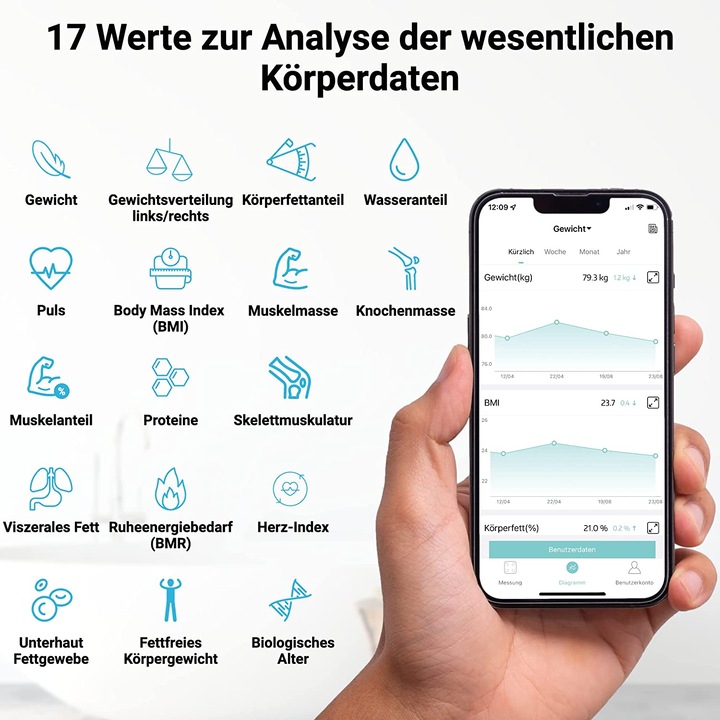 Image du produit Fitleap Waage mit Körperfett- & Muskelanalyse, Digitale Personenwaage (180 kg)