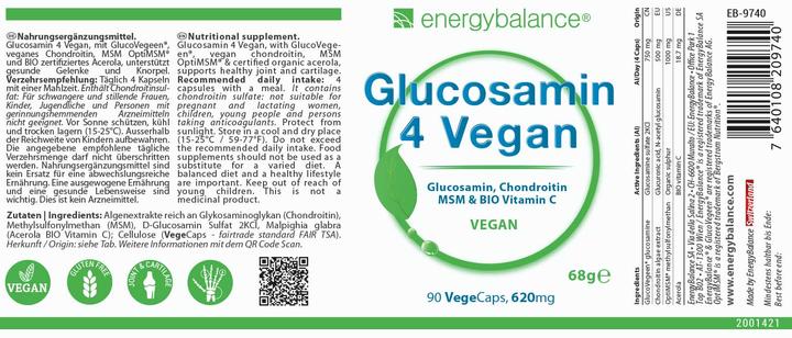 Valeurs nutritives et ingrédients Energybalance Glucosamine 4 Vegan (90 pcs, Capsules, 68 g)
