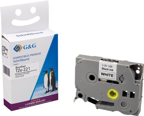 G&G Schriftband 9mm x 8m sw-ws Komp. m. Brother TZe-221 (0.90 cm, Schwarz, Weiss)