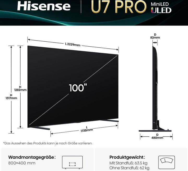 Produktbild Hisense TV TV 100U7Q PRO 100" Mini-LED 4K, 165Hz, 2'000 Nits (100", U7Q Pro, LED, 4K)