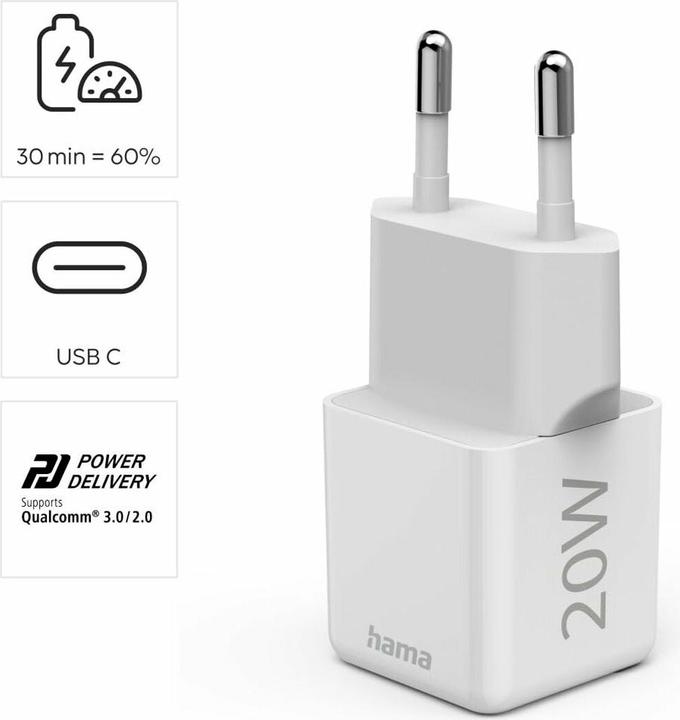 Image du produit Hama Chargeur rapide, USB-C, PD/Qualcomm®, Super-Mini-Charger, 20 W, blanc (20 W, 1 portion)