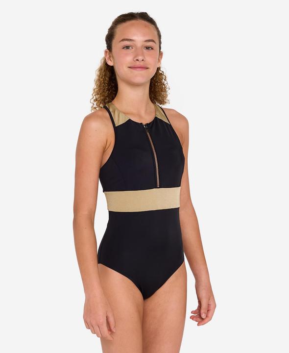 Image du produit Olaian Maillot 1 pièce surf dos Y zip avant fille - 900 Calysta noir et or (140)