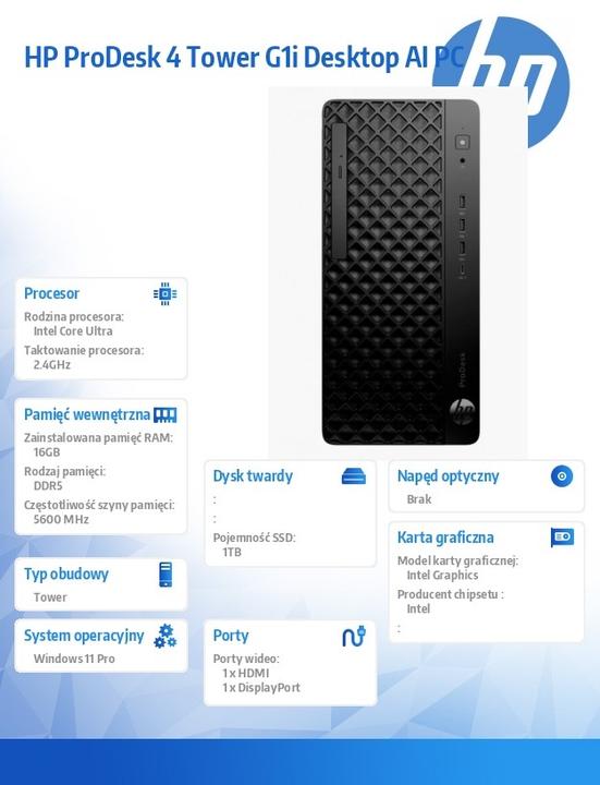 Image du produit HP ProDesk 4 Tower G1i Desktop AI PC (1000 Go, 16 Go, Intel Core Ultra 7 265)