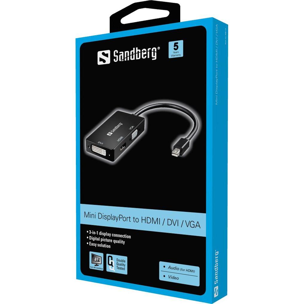 Thumbnail - Sandberg Mini DisplayPort zu (HDMI, DVI, VGA, 19 cm), Data + Video Adapter, Schwarz