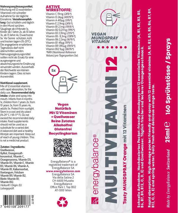 Valeurs nutritives et ingrédients Energybalance Multivitamine 12 (1 pièce(s), Spray)