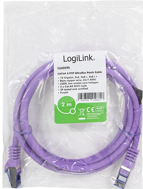 Produktbild LogiLink Patchkabel Ultraflex, Kat.6A, S/FTP, 2,0 m, violett mitCat.7 Rohkabel, extra flexibles & weiches Kab (S/FTP, CAT6a, 2 m)