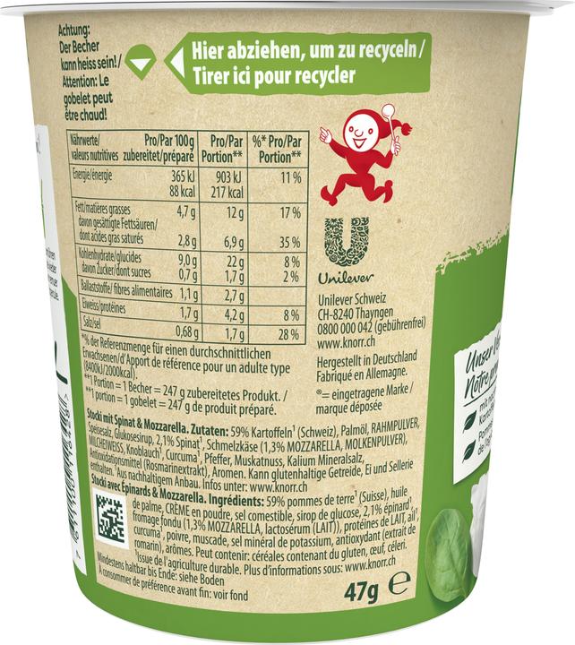 Nährwerte und Zutaten Knorr Stocki Snack mit Spinat, Mozzarella und Schweizer Kartoffeln (47 g)