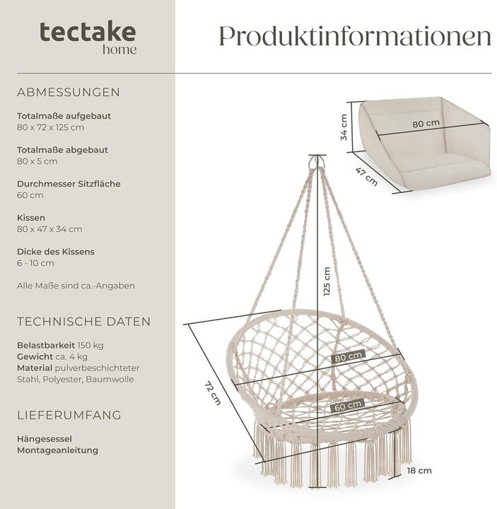 Image du produit tectake Fauteuil suspendu (150 kg)