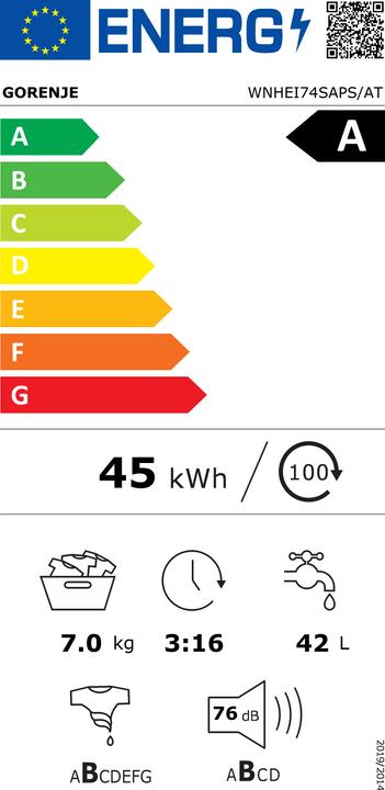 Label énergétique Gorenje Lave-linge WNHEI74SAPS AT Chargement frontal 7kg 1400upm (7 kg, Gauche)
