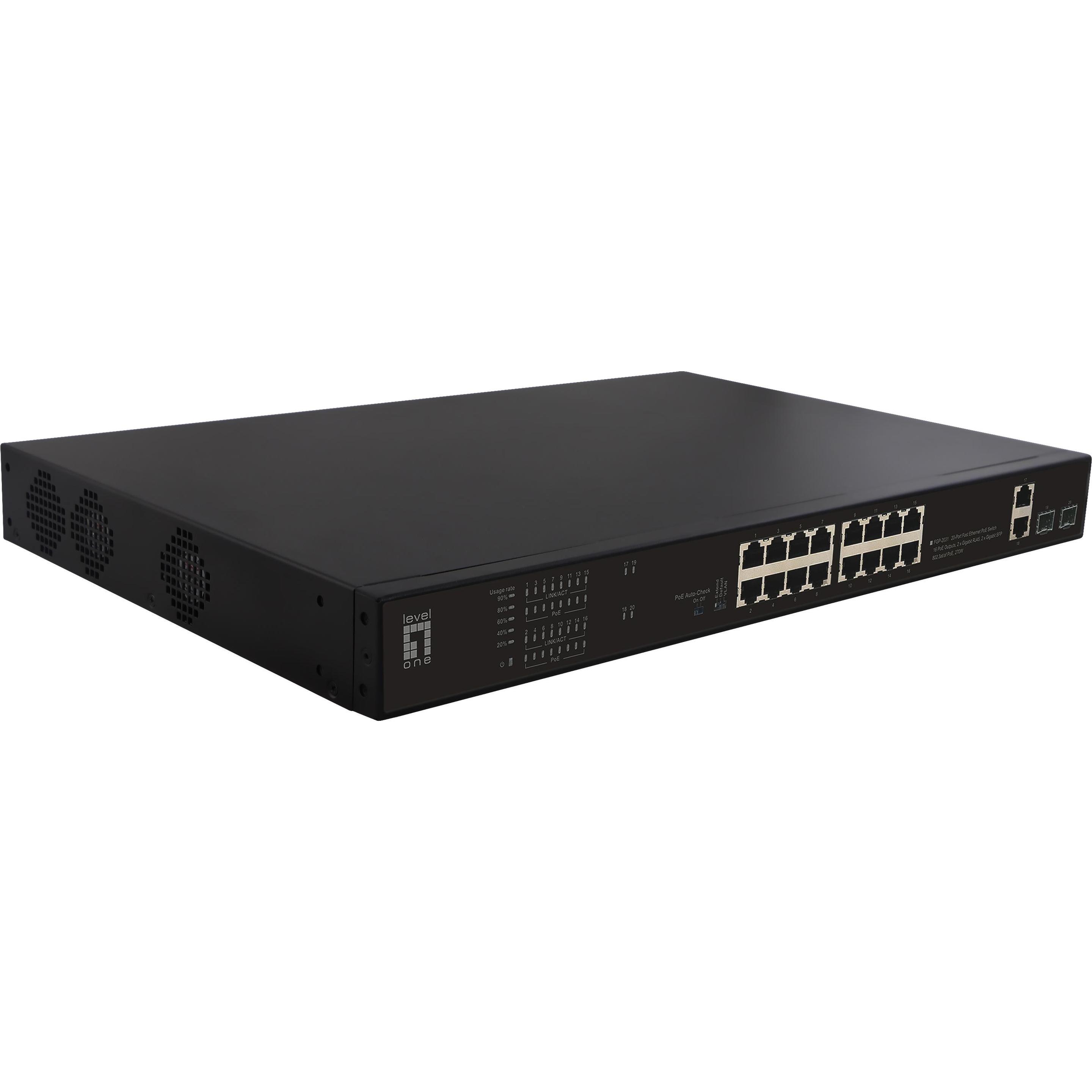 LevelOne Switch 20x FE FGP-2031 2xGE 2xGSFP 802.3 PoE (20 Ports), Netzwerk Switch, Schwarz
