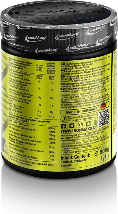 Nährwerte und Zutaten IronMaxx 100% EAAs Zero (Lemon Icetea, 1 x, 500 g)